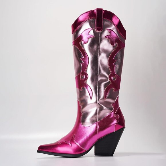 Women's Metallic Pink Mid Calf Western Pointed Toe Comfortable Heel Boots - Picture 4 of 8